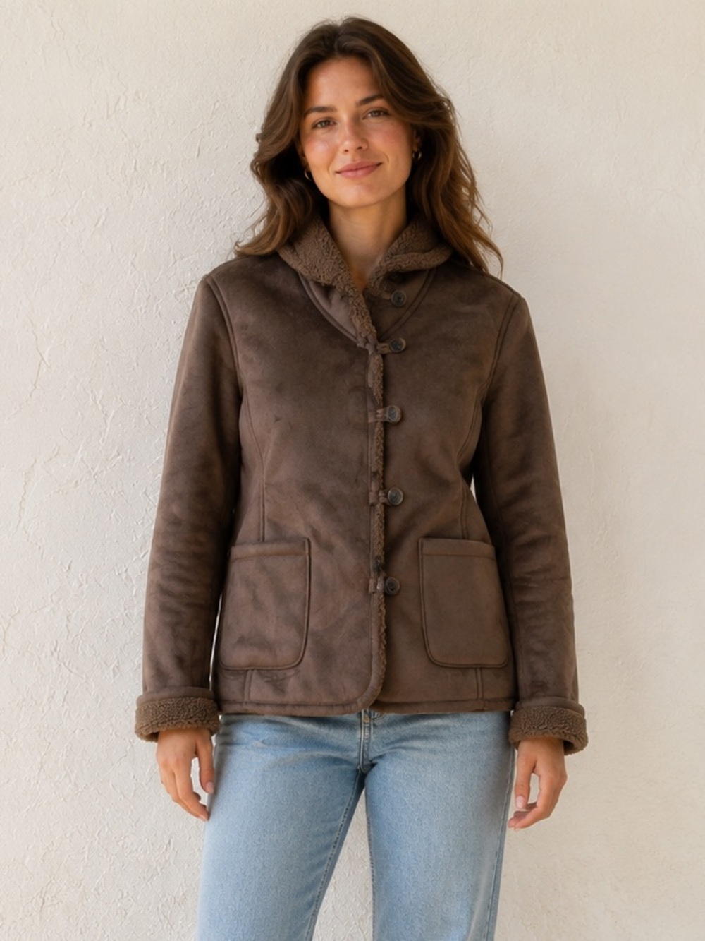 Faux Shearling Brown Sherpa Coat Western Ranch Cabin Core Lands’ End Sz M